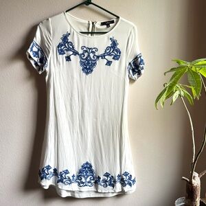 Lulus Embroidered Blue and Ivory Mini Dress